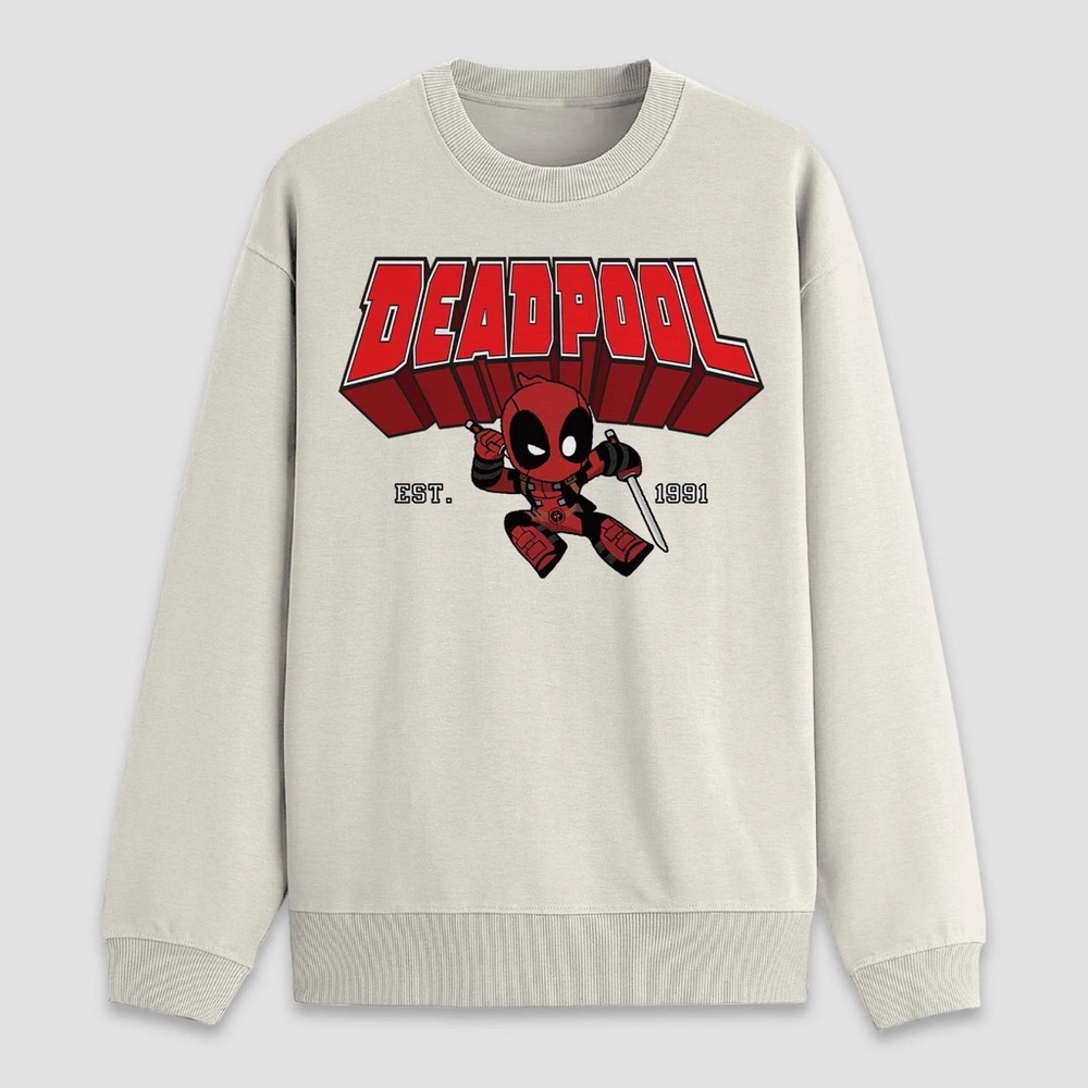 🦋 Marvel Deadpool Graphic Cream & Red Pullover Long Sleeve Crew Neck Sweatshirt